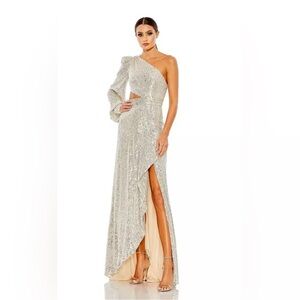 Mac Duggal Silver One-Shoulder Sequin Maxi Gown with Cutout